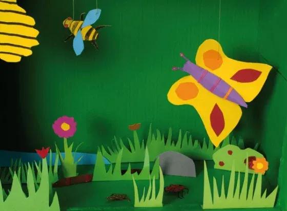 papierkunst, schmetterling, biene, gartenlandschaft, gräser