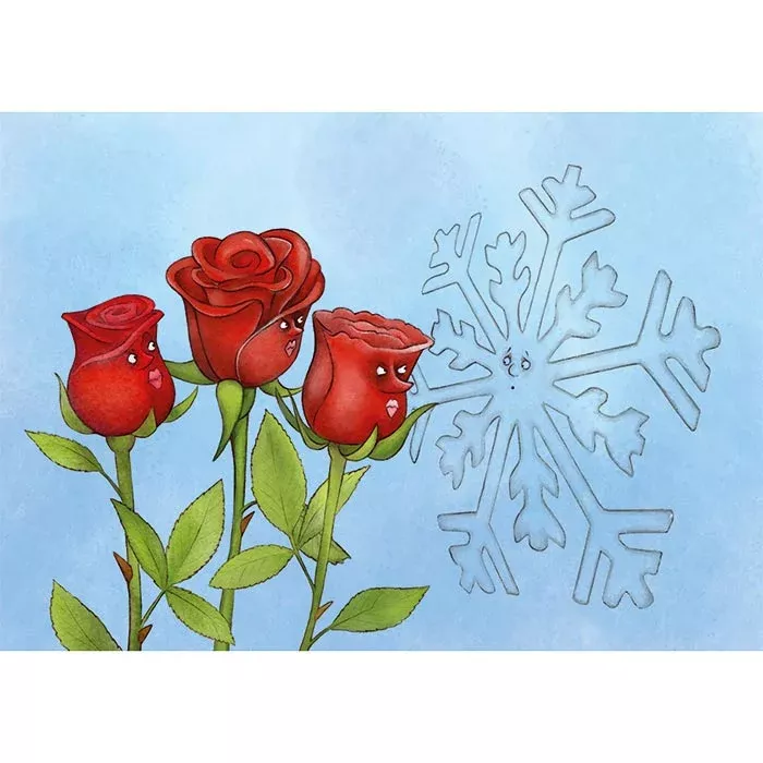 roses, rote Rosen, Rosenstängel, Schneeflocke, Illustration