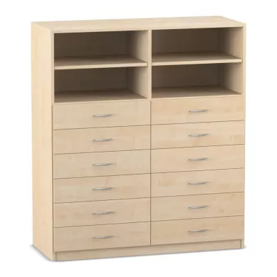 Mittelhohe Schrankkombination, mit Mittelwand, 12 kleine Holzschubladen