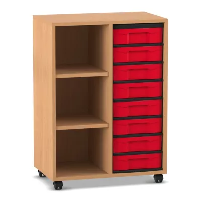 Kunststoffschubladen, Aufbewahrungsrack, Rollcontainer, Holzmöbel, Rot-schwarze Schubladen