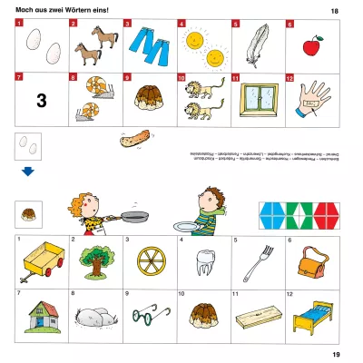 Eier, Pferd, Hose, Sonne, Feder, Apfel, 3, Schnecke, Vulkan, Löwen, Fenster, Hand