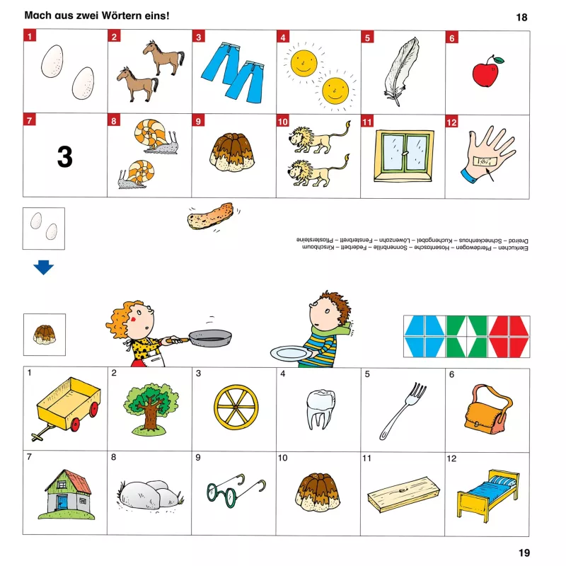Eier, Pferd, Hose, Sonne, Feder, Apfel, 3, Schnecke, Vulkan, Löwen, Fenster, Hand