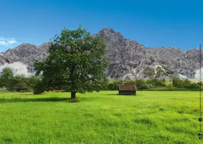 Landschaft, Baum, Gras, Hütte, Berge