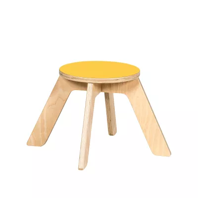 Holzstuhl, Kleiner Hocker, Rundholzstuhl, Gelb Sitzplatte, Vierbeiniger Stuhl