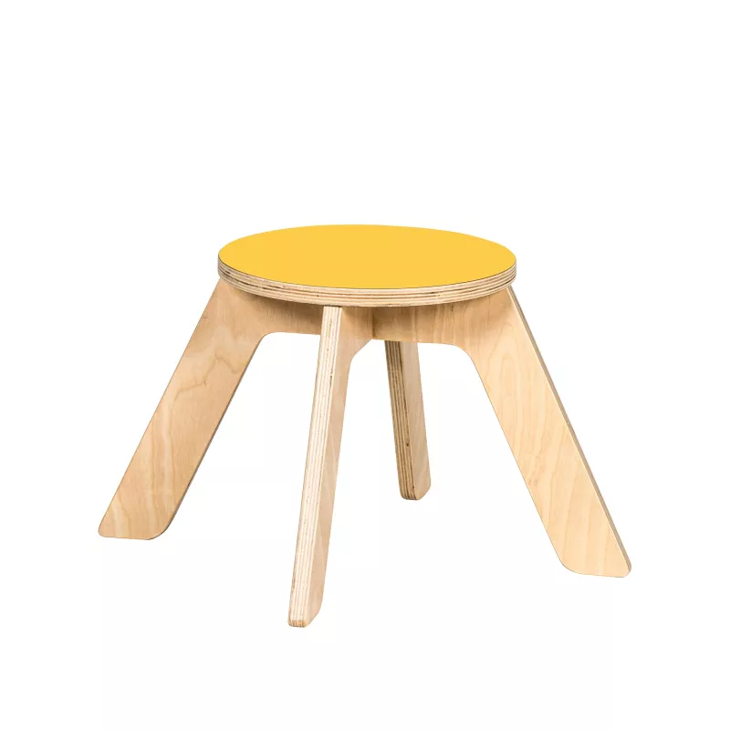 Holzstuhl, Kleiner Hocker, Rundholzstuhl, Gelb Sitzplatte, Vierbeiniger Stuhl
