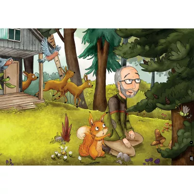 Illustration, Wald, Mann mit Brille, Eichhörnchen, Hirsch-ähnliche Tiere