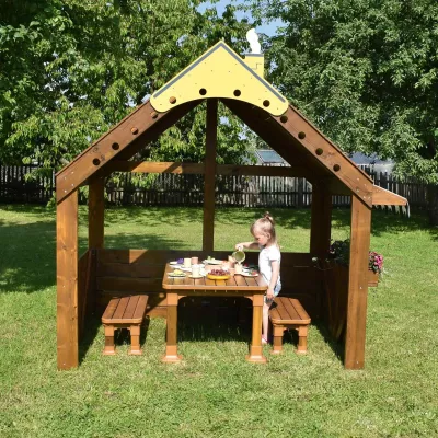 Kinder-Holzhaus, Picknick-Tisch, Holzspielhaus, Gartenmöbel, Kinderstuhlset