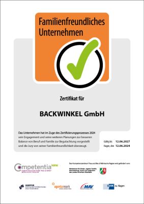 Zertifikat, Familienfreundliches Unternehmen, Zertifikatslogo, Zertifikat Backwinkel, Unternehmensausweis