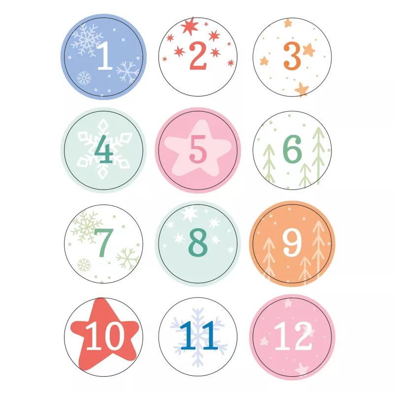 Adventskalender, runde Sticker, Schneeflocken Muster, Zahlenschilder, festive Punkte