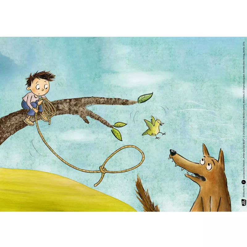 Kinderbuch, Waldszenen, Hund, Vogel, Seil