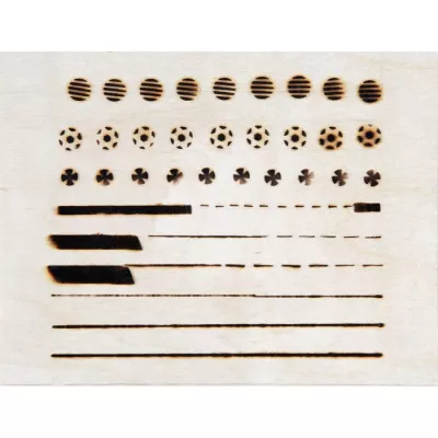 stamps, engraved lines, measurement marks, dot pattern, wooden tester