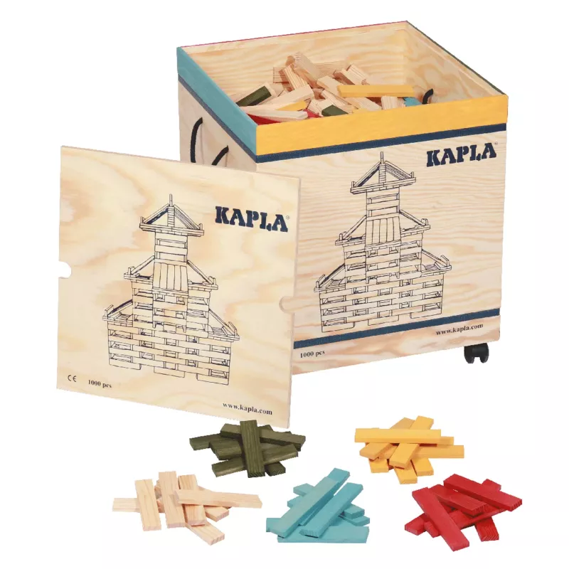 Holzbausteine, Holzblöcke, bunte Holzstücke, Holzkiste, Capla-Set