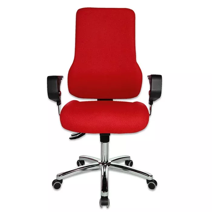 Sessel, Bürodrehstuhl, roter Bezug, Kugellaufrollen, Verstellbarer Rücken