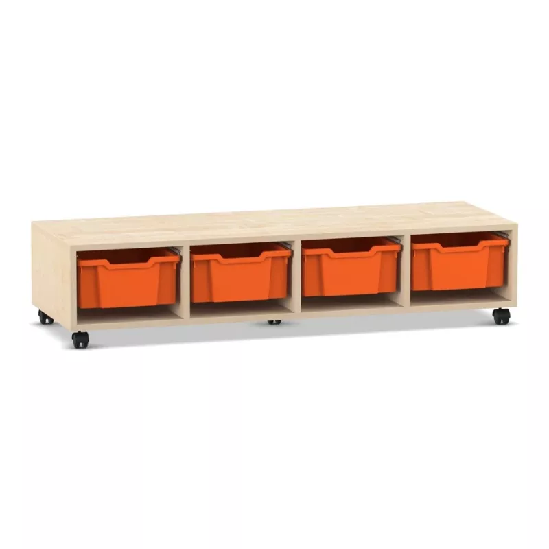 lowboard, storage cabinet, orange bins, casters, wooden