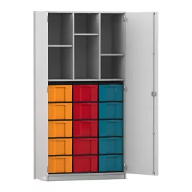 Materialschrank, 4 Böden und 15 hohe Boxen
