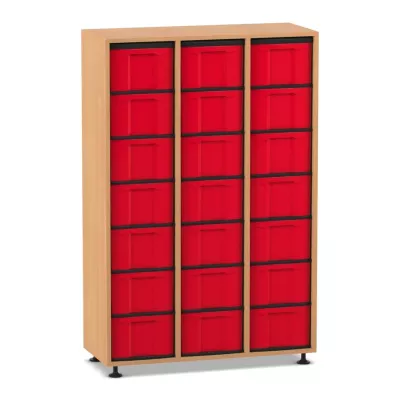Schubladenkasten, Aufbewahrung, Holzkasten, rote Boxen, 3-Spalten