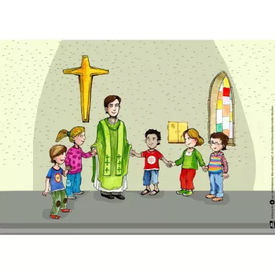 Kirche, Priester, Gruppe Kinder, Grüner Priesterrober, Kreuzaltar