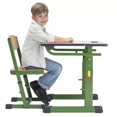 Schreibtisch, Schülerstuhl, Grün, Holz/Metall, Kantentisch