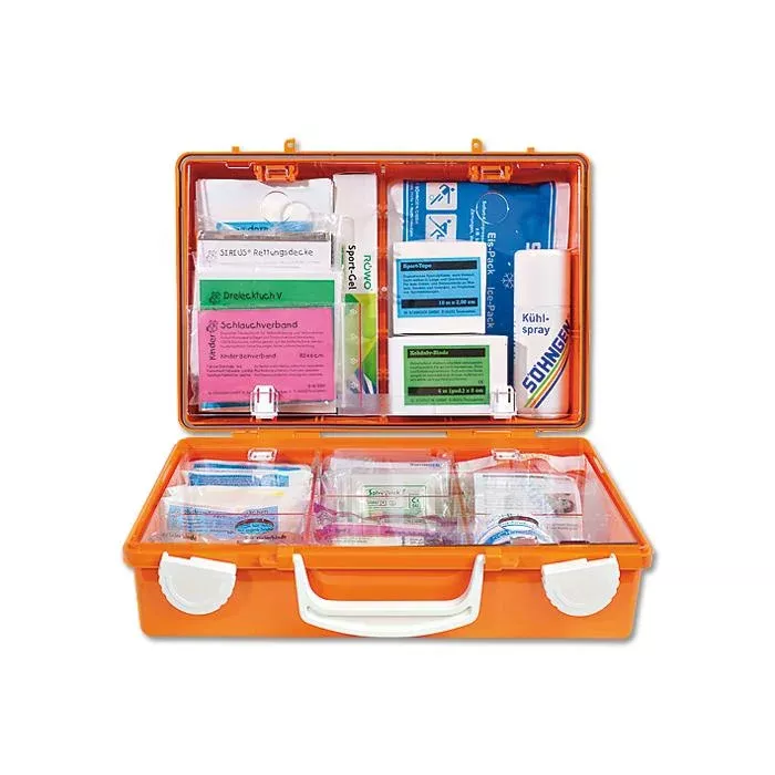 Erste Hilfe Set, Notfallset, medizinische Versorgung, Minikoffer, Orangener Koffer