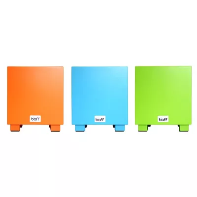 farbige würfel, orangefarbiger block, blauer block, grüner block, bafff markenlogo