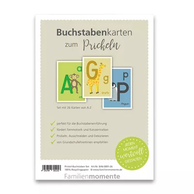 Buchstabenkarten, Prickeln, Alphabet, Lernspiel, Recyclingpapier