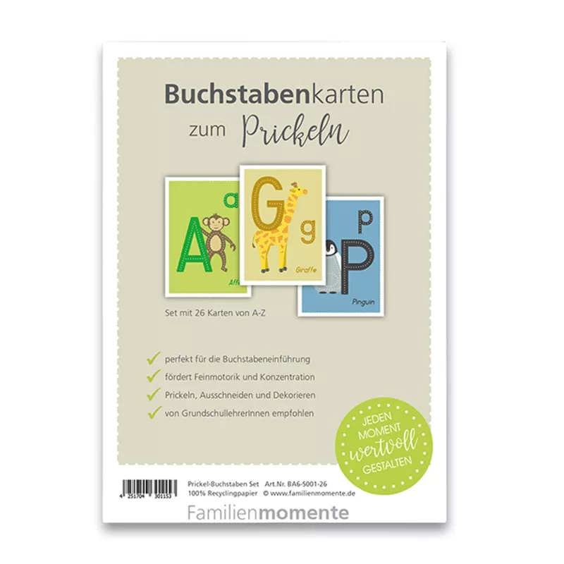 Buchstabenkarten, Prickeln, Alphabet, Lernspiel, Recyclingpapier