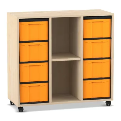 Kiste, Aufbewahrung, Rollcontainer, orange Boxen, Holzmöbel