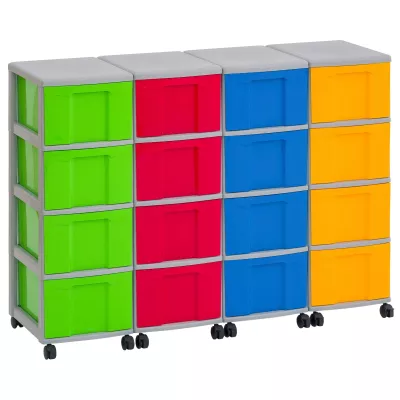 modular storage, tote drawers, colorful bins, rolling cabinet, plastic bins