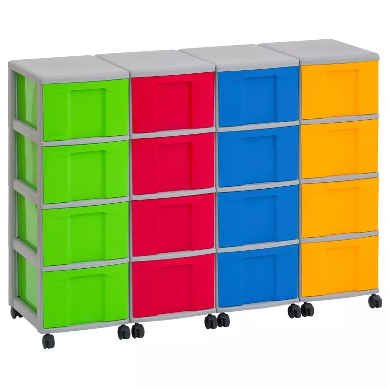 modular storage, tote drawers, colorful bins, rolling cabinet, plastic bins