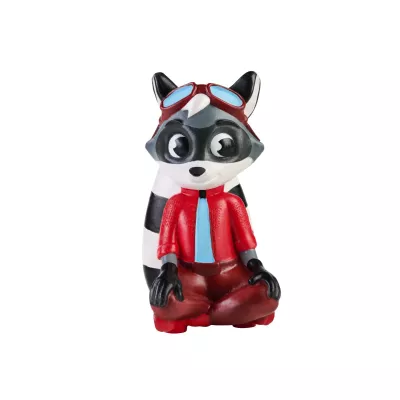 Raccoon Figurine, Rote Jacke, Schutzbrille, Blauer Hut, Braune Hose