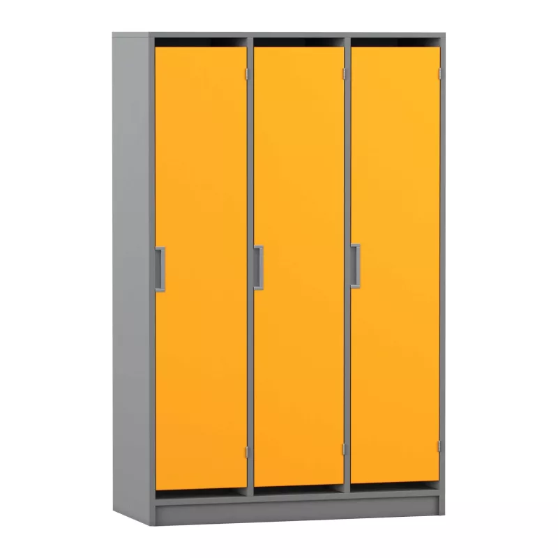 Schrank, Garderobe, Stahlkonstruktion, orange Türen, 3-türig