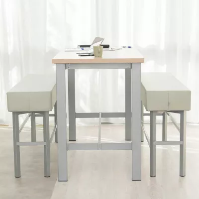 Esstisch-Set, Tisch + Hocker, Holztisch, Metallgestell, helles Design