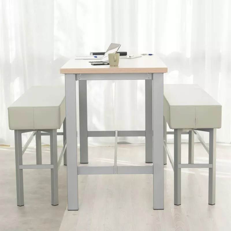 Esstisch-Set, Tisch + Hocker, Holztisch, Metallgestell, helles Design