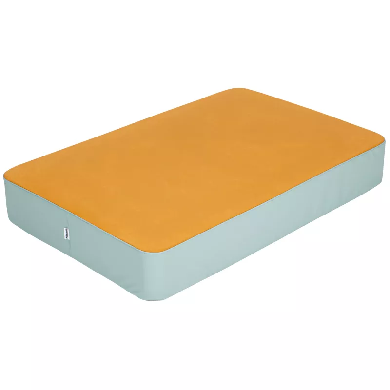 Matraze, Matratze, orangefarbige Oberfläche, blaue Basis, Stoffbezug