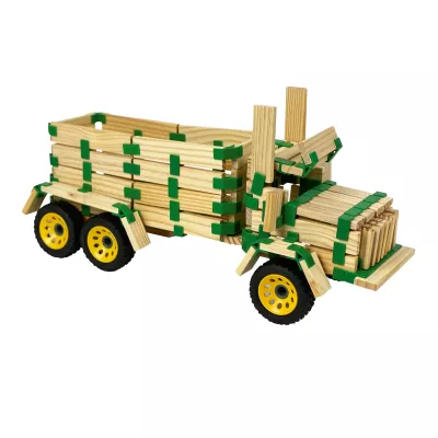 Holzbausatz, Holzplanken, Gelbe Räder, Wagen, Holzspielzeug