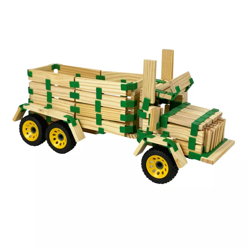 Holzbausatz, Holzplanken, Gelbe Räder, Wagen, Holzspielzeug