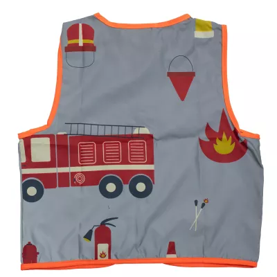 Kinderweste, Feuerwehrmotiv, grauer Stoff, orange Einfassung, Feuerwehrfahrzeug