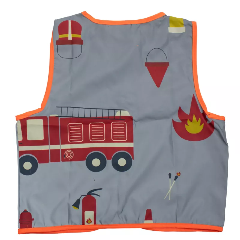 Kinderweste, Feuerwehrmotiv, grauer Stoff, orange Einfassung, Feuerwehrfahrzeug