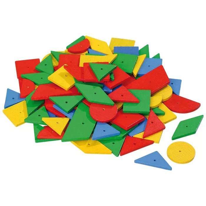holzspielzeug, geometrische formen, bunt, puzzle steine, kegelplatten
