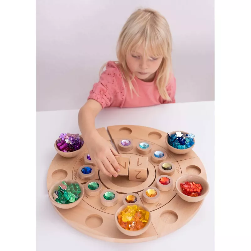 Holz-Wechselkalender, Holzpuzzle, bunte Edelsteine, Kinder-Spielzeug, Monate-Uhr