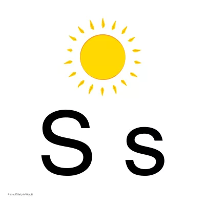 Buchstabe S, Sonne, gelb, schwarz, Größensymbol
