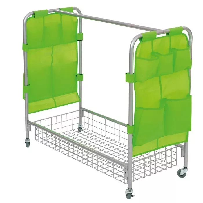 Cart fürs Wäsche, Metallrahmen, grüne Paneele, Gitterkorb, Rollwagen