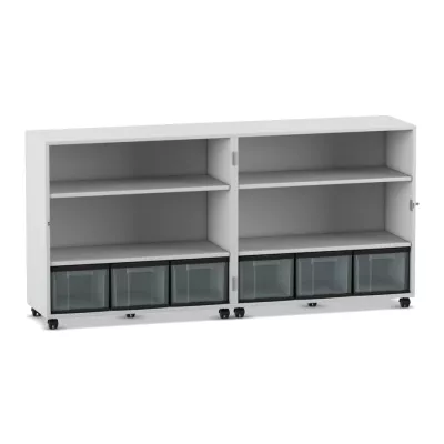 Mobile Klapp-Bibliothek mit Boxen