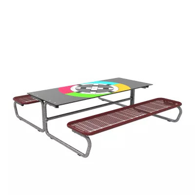 Tisch, Sitzbank, Schreibtisch-Tisch, Metallgestell, Bunte Markierungslaufbahn