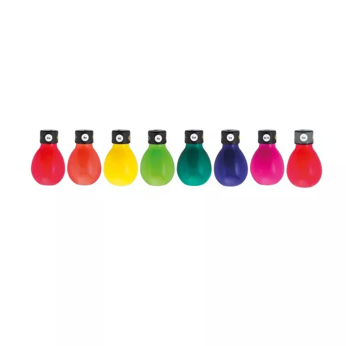 Farbige Flaschen, Kunststoffbehälter, Farbenpallette, Wasserfarben, Kugelförmige Flaschen