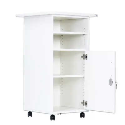 mid-century cabinet, weißer Schrank, Aufbewahrungsschrank, Regale, Räder