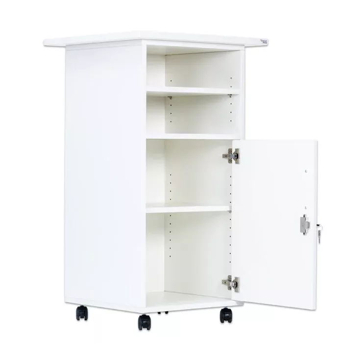mid-century cabinet, weißer Schrank, Aufbewahrungsschrank, Regale, Räder