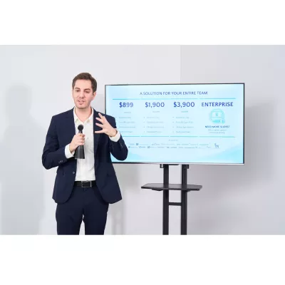 Business presentation, Speaker with microphone, Presenter, Television display, Conference room