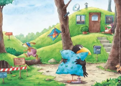 Kinderbuchillustration, Vogel, Kaya, Haus im Baum, Landschaft