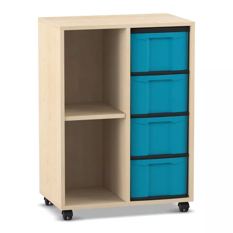 Holzschrank, Schubladen, Rollen, Kisten, Offenes Fach